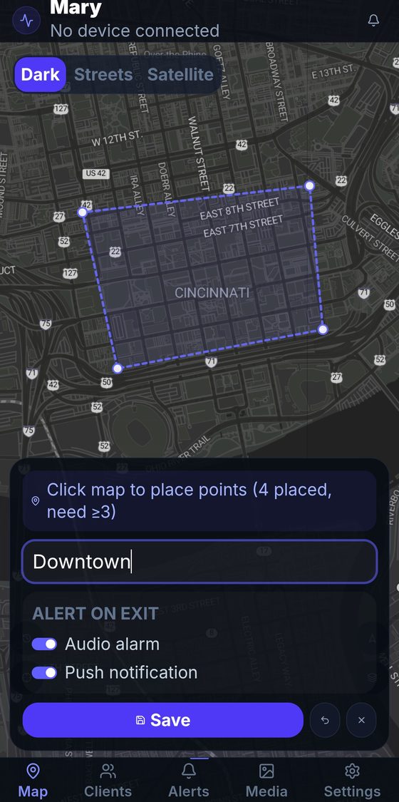 Safe Zone creation with polygon geofence and alert settings