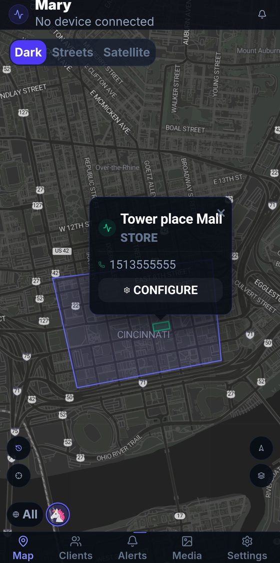 Safe Spaces showing pinned location with category and phone number