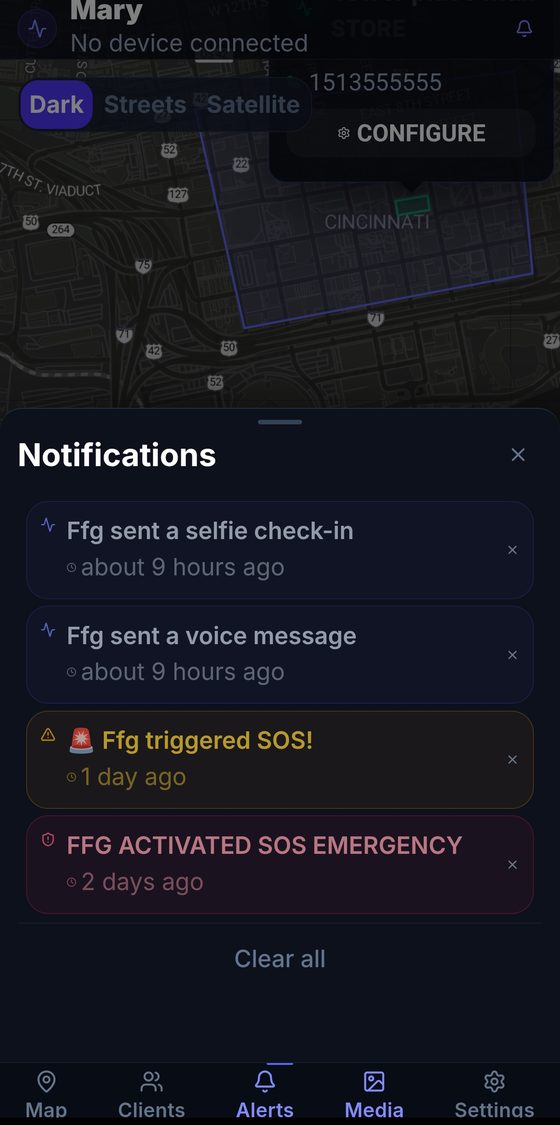 Notifications panel showing check-ins, voice messages, and SOS alerts